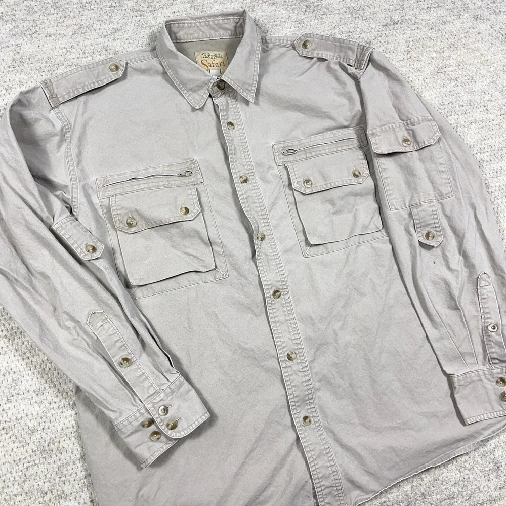 Cabelas Safari Shirt Men Large Tan Khaki Pockets Camp Hiking Guide - Picture 2 of 14